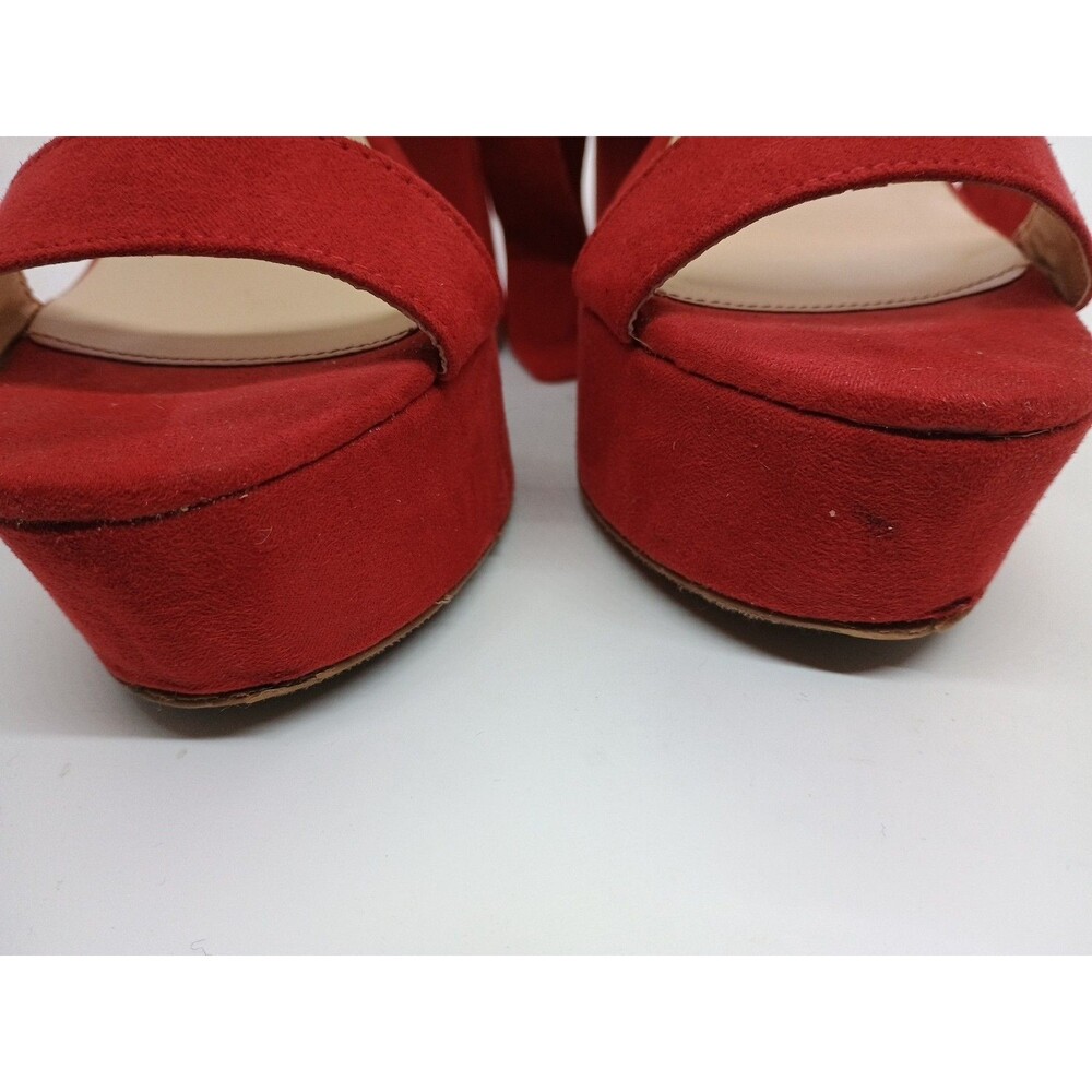 Fashion Nova Platform Sandals Womens Sz 6 Red 5" Block Heels Faux Suede Ties - Picture 8 of 8